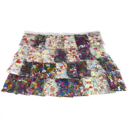 Blanding av flere paljetter, assorterte farger, str. 7–30 mm, 25 g/32 stk.