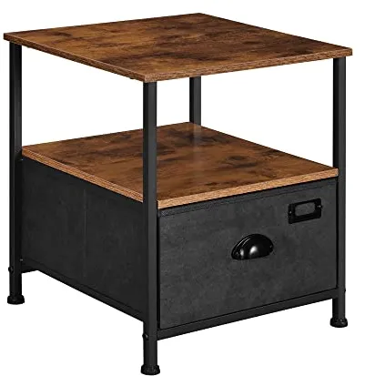 SONGMICS nattbord med 2 hyller og 1 skuff - rustikk brun MDF og svart imitert semsket skinn/metall (41x41)